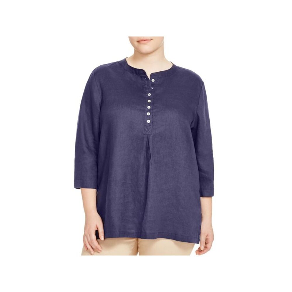 ALLEN ALLEN Womens Navy 3/4 Sleeve Crew Neck Top Plus 1X